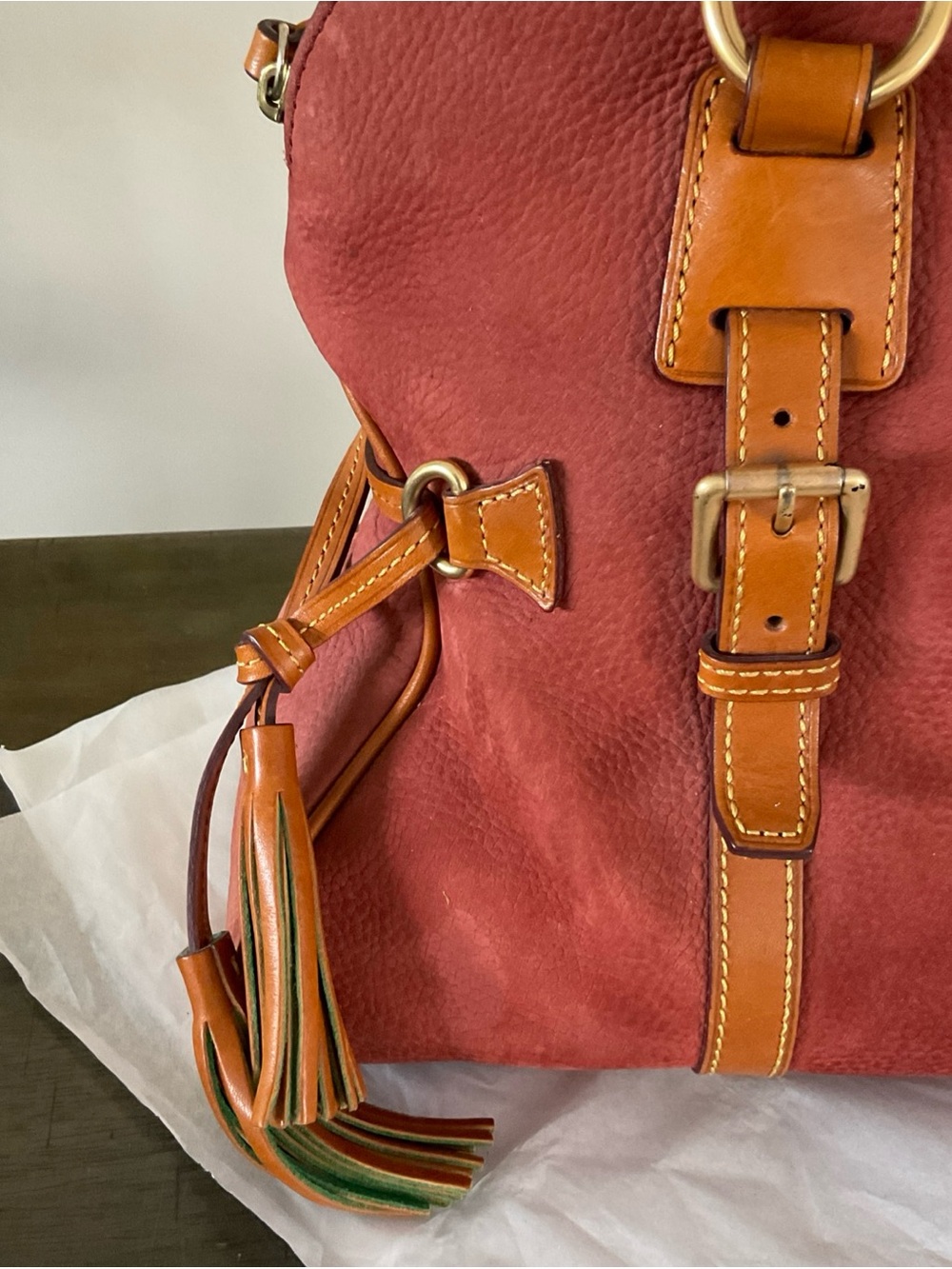 Dooney & Bourke Domed Nubuck Double Handle Satchel In Red-Brown Color - Picture 3 of 16